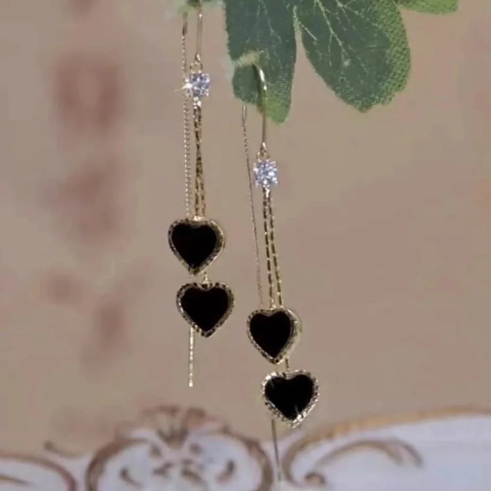 Gold Tone Rhinestone Heart Vday Valentine's Threader Earrings - Picture 4 of 6